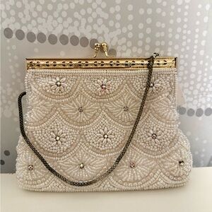 Vintage Beaded Pearl & Rhinestone Floral Clutch, Bridal Wedding Holiday
